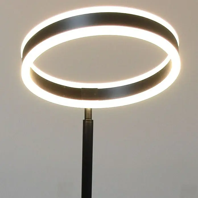 Lavida Ring LED-Stehleuchte - Höhe: 180 cm, Schwarz, Warmweiß - Eine moderne Stehlampe mit einem kreisförmigen LED-Leuchtdesign, das ein helles und stilvolles Ambiente erzeugt. Der schlanke, dunkle Ständer rundet das Design ab.