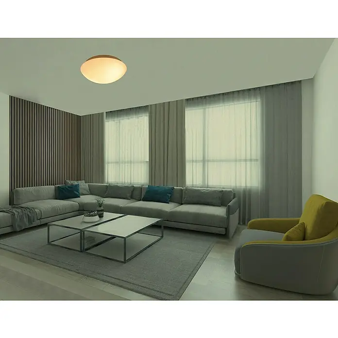 Tween Light Deckenleuchte rund Taviano - 80 W, Ø x H: 300 mm x 12 cm, Weiß - Helles Wohnzimmer mit grauer Couch, Teppich und einem runden Deckenlicht, das den Raum erhellt. Gelber Sessel setzt Akzente.