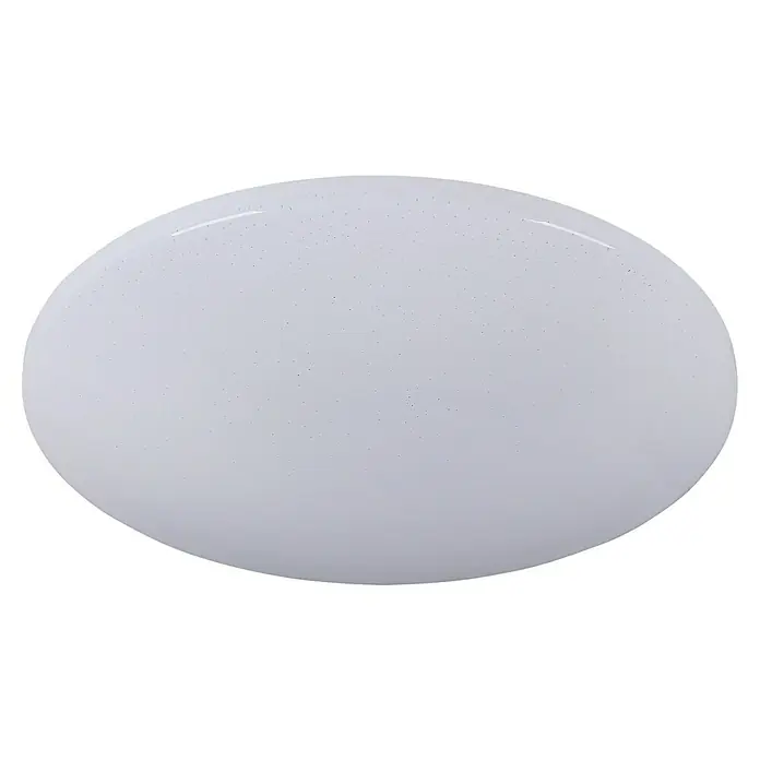 Tween Light LED-Deckenleuchte rund Venezia - 30 W, Ø x H: 500 mm x 7,5 cm, Weiß, Warmweiß - Nahaufnahme einer runden, weißen Deckenleuchte mit feinen dunklen Sprenkeln auf schwarzem Hintergrund.