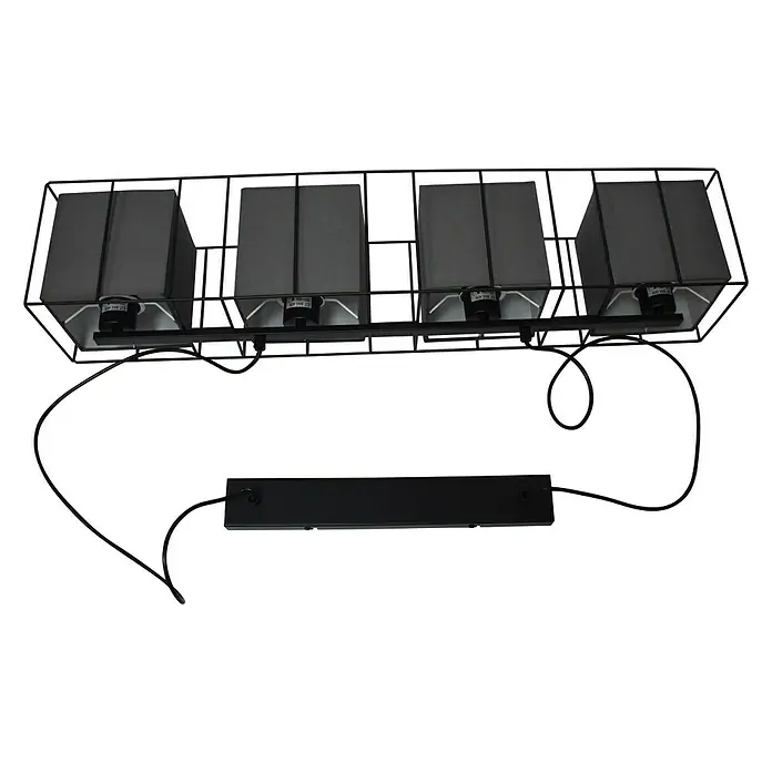 Tween Light Pendelleuchte Palermo - Höhe: 120 cm - Eine moderne, schwarze Hängeleuchte mit einem geometrischen Käfig und vier Lampenschirmen, ideal für stilvolle Innenräume.