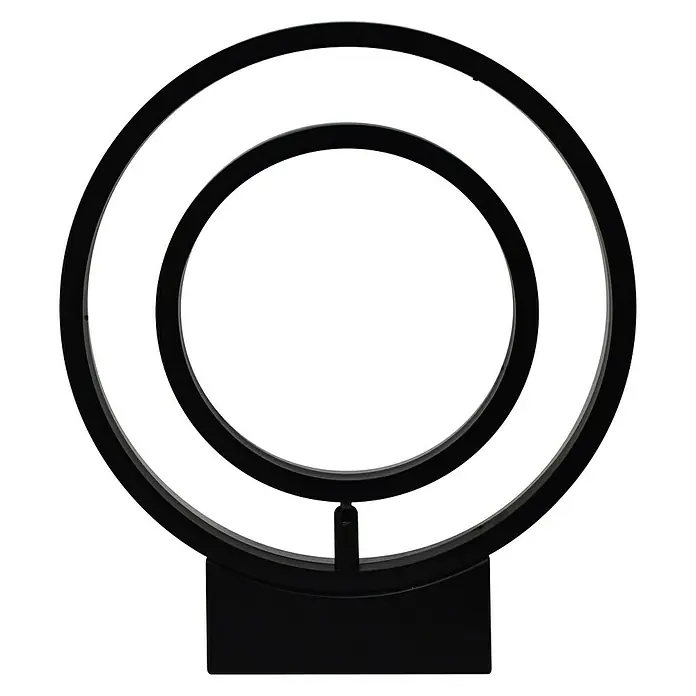 Lavida Ring LED-Wandleuchte - 18 W, L x B x H: 30 x 6 x 34 cm, Schwarz, Neutralweiß - Nahaufnahme einer modernen, schwarzen LED-Ringlampe mit Doppelkranz auf einem Sockel. Elegantes Design mit minimalistischer Ästhetik.