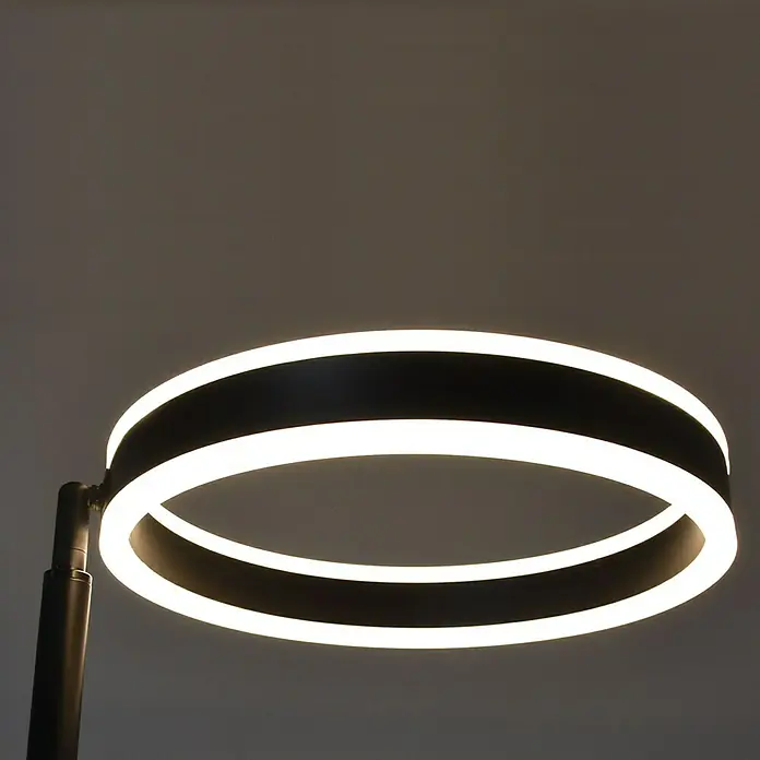Lavida Ring LED-Stehleuchte - Höhe: 180 cm, Schwarz, Warmweiß - Nahaufnahme einer modernen, runden LED-Deckenleuchte mit schwarzem Rahmen und hellem, weißem Licht, die ein stilvolles Ambiente schafft.