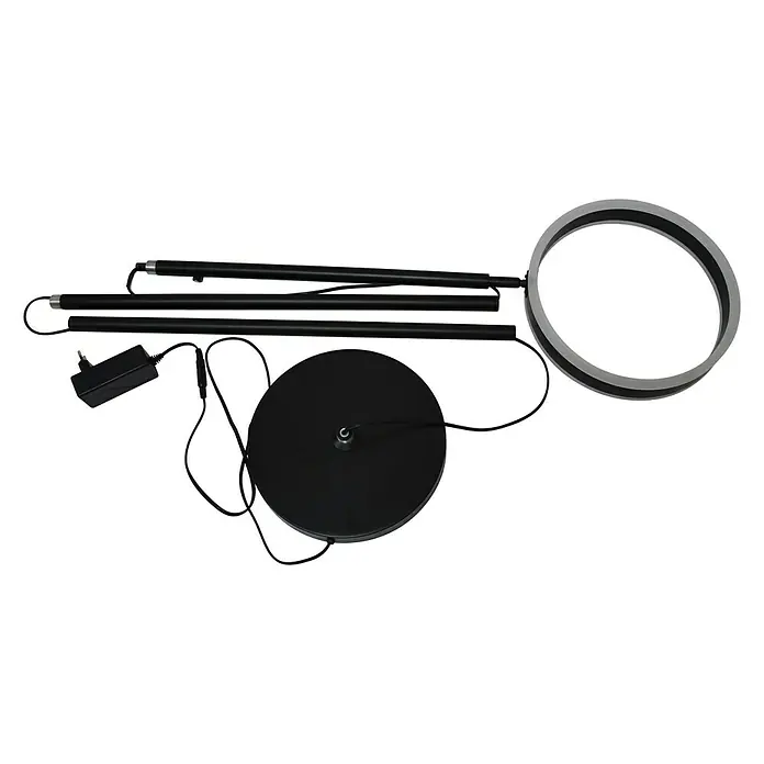 Lavida Ring LED-Stehleuchte - Höhe: 180 cm, Schwarz, Warmweiß - Produktansicht einer zerlegten schwarzen Stehlampe mit ringförmigem Lampenschirm, die auf einem schwarzen Hintergrund liegt.