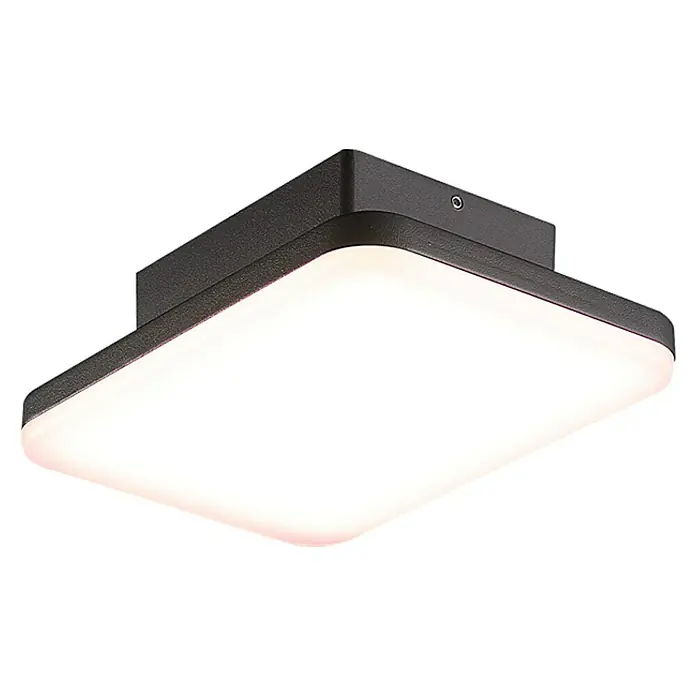 Starlux LED-Außenwandleuchte - 10 W, 149 x 83 x 216 mm, Dunkelgrau, IP54 - Nahaufnahme einer modernen, quadratischen Deckenleuchte mit sanftem Licht und schwarzem Rahmen, ideal für zeitgenössische Innenräume.