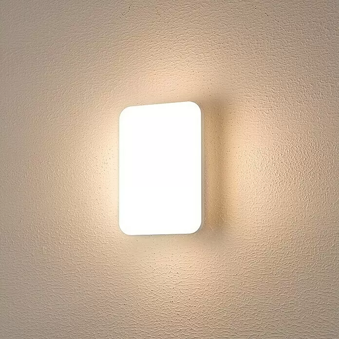 Starlux LED-Außenwandleuchte - 10 W, 149 x 83 x 216 mm, Dunkelgrau, IP54 - Weiße rechteckige Wandleuchte mit abgerundeten Ecken, die warmes Licht abstrahlt.