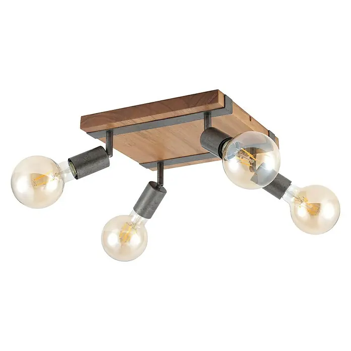 Tween Light Deckenstrahler Rom - 100 W, L x B x H: 28 x 28 x 9 cm, Braun/Schwarz - Moderne Deckenleuchte mit vier Edison-Glühbirnen und Holzelementen für eine warme Beleuchtung.