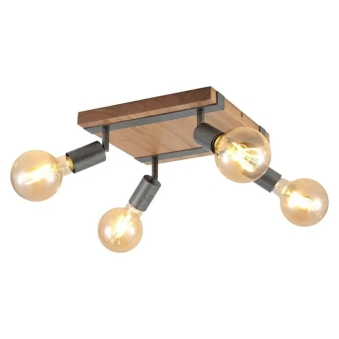 Tween Light Deckenstrahler Rom - 100 W, L x B x H: 28 x 28 x 9 cm, Braun/Schwarz - Stilvolle Deckenleuchte mit vier Edison-Glühbirnen und einem Rahmen aus Holz und Metall für eine warme Beleuchtung.