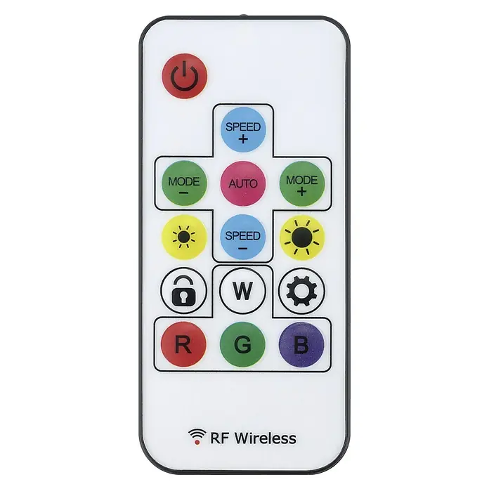 Tween Light LED-Stehleuchte Anzio - 19 W, Höhe: 140 cm, Weiß, RGB - Nahaufnahme einer weißen LED-Lichtleisten-Fernbedienung mit mehreren Tasten zur Steuerung von Farbe, Geschwindigkeit und Modus.