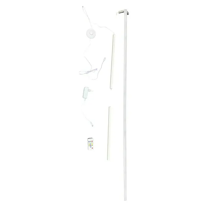 Tween Light LED-Stehleuchte Anzio - 19 W, Höhe: 140 cm, Weiß, RGB - Das Bild zeigt eine LED-Stehlampe mit Fernbedienung und Zubehör, ideal für stimmungsvolle Beleuchtung. Sie besteht aus mehreren Elementen.