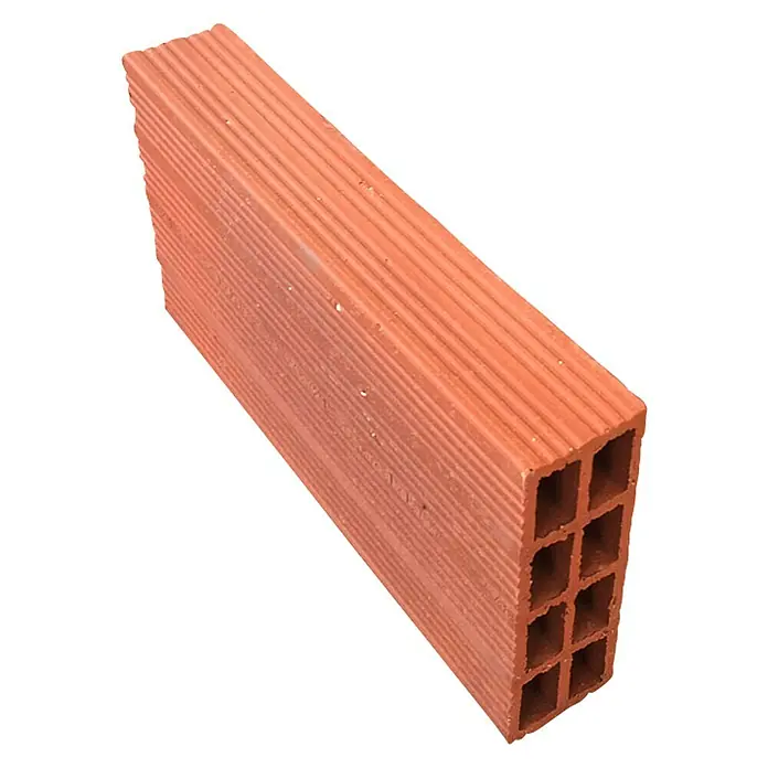 BHS Zaragoza Ladrillo Tabique - 20 x 50 cm, Rojo - Fotografía de un ladrillo rojo con ranuras y orificios sobre un fondo negro. Ideal para proyectos de construcción.