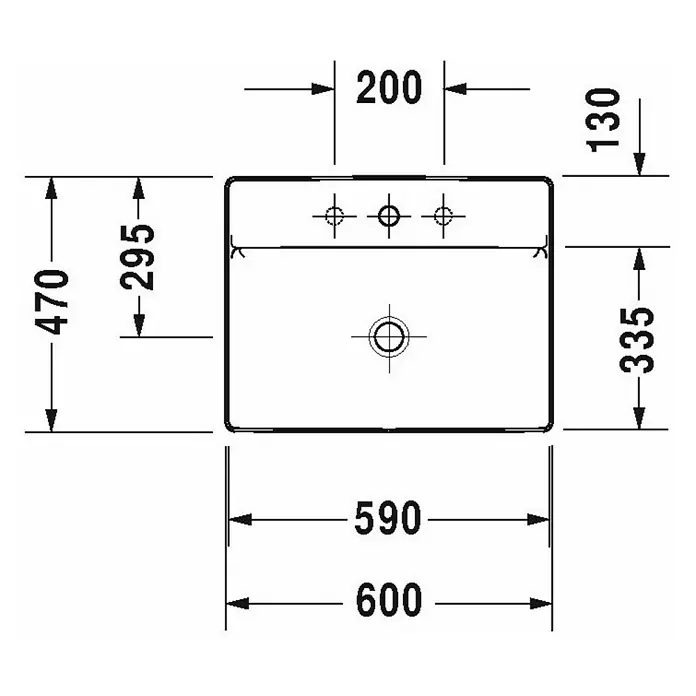 Duravit DuraSquare Aufsatzwaschbecken - 60 x 47 cm, Mit schmutzabweisender Glasur, Hahnloch: Mitte, Ohne Überlauf, Weiß - Technische Zeichnung eines rechteckigen Waschbeckens mit detaillierten Maßangaben.  Perfekt für die Badplanung!