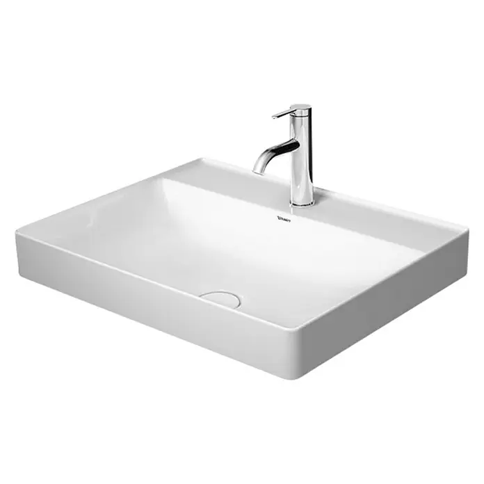Duravit DuraSquare Aufsatzwaschbecken - 60 x 47 cm, Mit schmutzabweisender Glasur, Hahnloch: Mitte, Ohne Überlauf, Weiß - Elegantes Aufsatzwaschbecken in Weiß mit modernem Wasserhahn. Das Design ist minimalistisch und funktional für ein stilvolles Badezimmer.