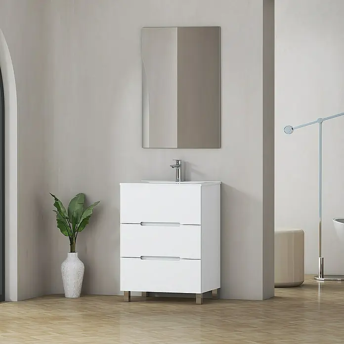 Artysan Mueble bajo de lavabo Lanza Slim - L x An x Al: 38,6 x 70 x 83,3 cm, Blanco - Elegante mueble de baño blanco con tres cajones y un espejo a juego encima, perfecto para diseños de baño modernos.