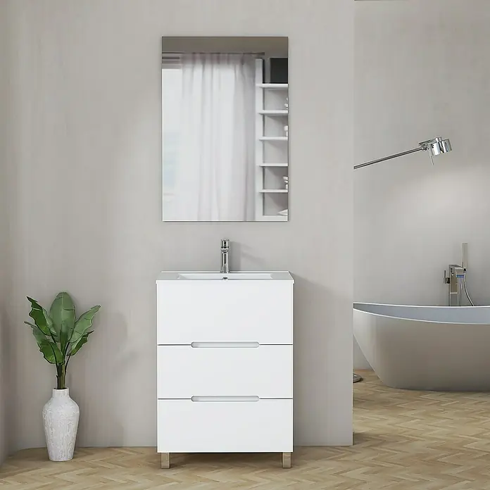 Artysan Mueble bajo de lavabo Lanza Slim - L x An x Al: 38,6 x 70 x 83,3 cm, Blanco - Baño con mueble de lavabo blanco de tres cajones, espejo y planta en jarrón.