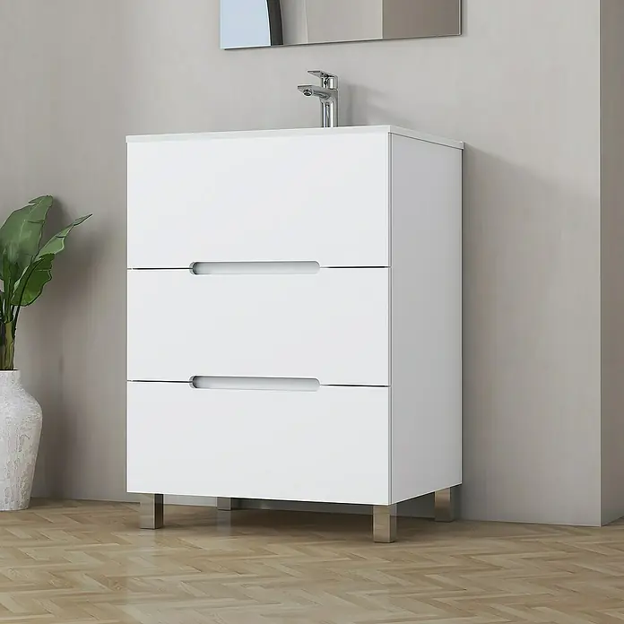 Artysan Mueble bajo de lavabo Lanza Slim - L x An x Al: 38,6 x 70 x 83,3 cm, Blanco - Un moderno mueble de baño blanco con tres cajones y patas cromadas, perfecto para añadir estilo.