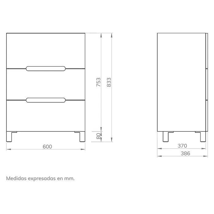 Artysan Mueble bajo de lavabo Lanza Slim - L x An x Al: 38,6 x 60 x 83,3 cm, Nature - Dibujo técnico de una cómoda con dimensiones en milímetros.