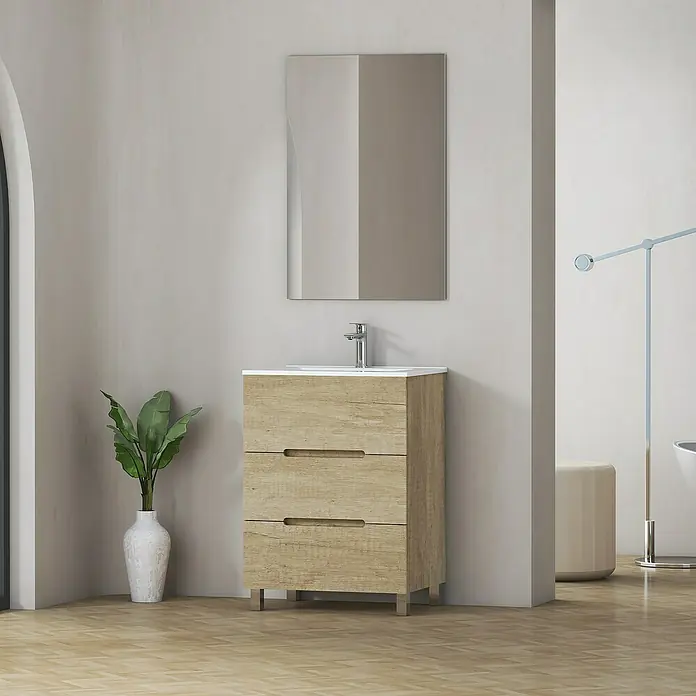 Artysan Mueble bajo de lavabo Lanza Slim - L x An x Al: 38,6 x 60 x 83,3 cm, Nature - Moderno mueble de lavabo de madera con tres cajones y espejo para un baño elegante.