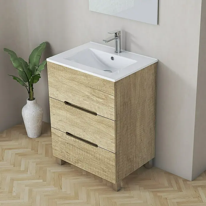 Artysan Mueble bajo de lavabo Lanza Slim - L x An x Al: 38,6 x 60 x 83,3 cm, Nature - Un moderno mueble de baño con dos cajones en aspecto de madera y un lavabo blanco, perfecto para cualquier baño.