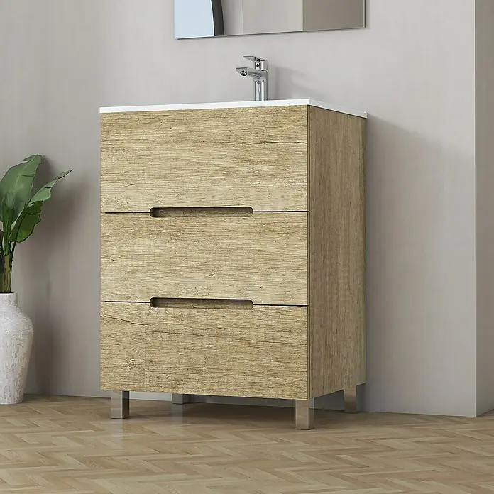 Artysan Mueble bajo de lavabo Lanza Slim - L x An x Al: 38,6 x 60 x 83,3 cm, Nature - Elegante mueble de baño con tres cajones en aspecto de madera, que ofrece una solución de almacenamiento con estilo.