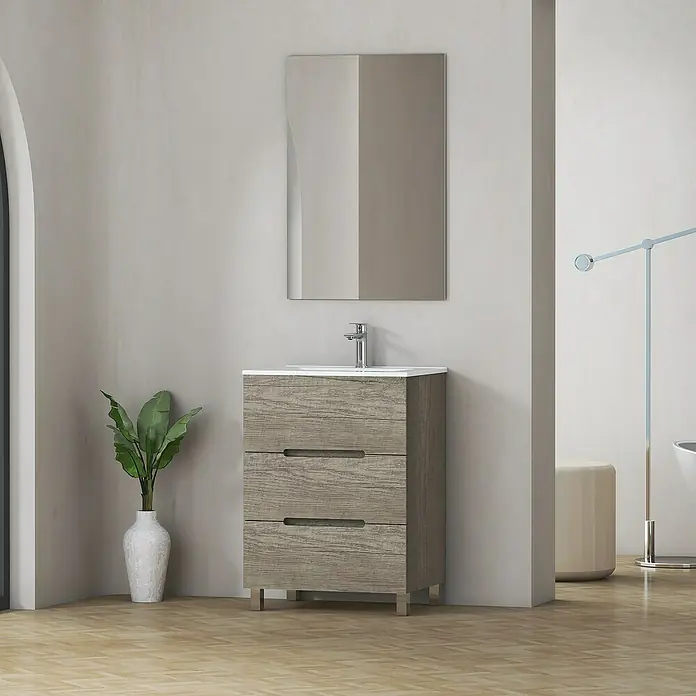 Artysan Mueble bajo de lavabo Lanza Slim - L x An x Al: 38,6 x 60 x 83,3 cm, Nebraska - Un tocador de baño con vetas de madera y tres cajones debajo de un espejo rectangular en un baño elegante.