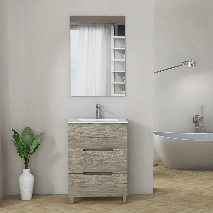 Artysan Mueble bajo de lavabo Lanza Slim - L x An x Al: 38,6 x 60 x 83,3 cm, Nebraska - Mueble de baño gris con tres cajones, lavabo blanco y espejo rectangular encima, un conjunto ideal para un baño moderno.