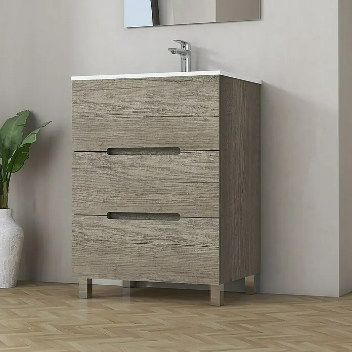 Artysan Mueble bajo de lavabo Lanza Slim - L x An x Al: 38,6 x 60 x 83,3 cm, Nebraska - Mueble de baño gris con tres cajones y lavabo blanco. Estilo moderno con vetas de madera y patas plateadas.