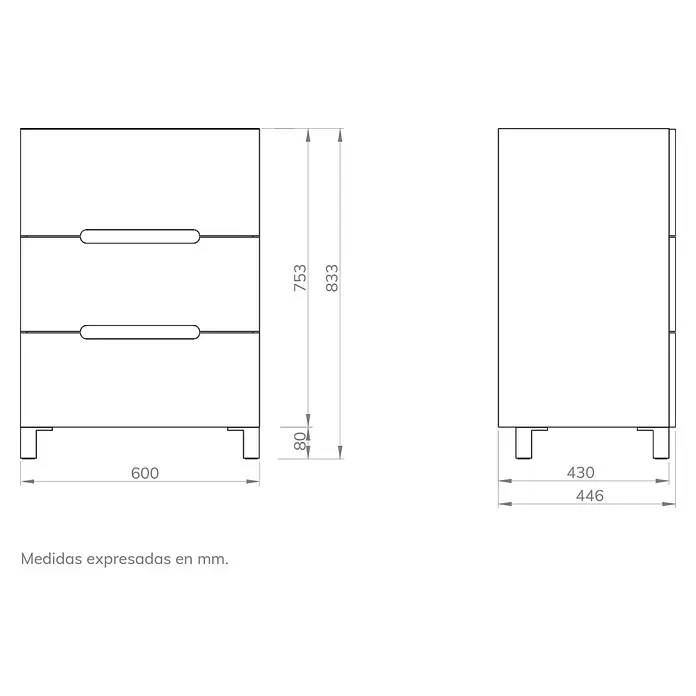 Artysan Mueble bajo de lavabo Lanza - An x Pr x Al: 60 x 44,6 x 83,3 cm, Nature - Dibujo técnico de una mesita de noche con cajones, dimensiones mostradas en mm, para una visualización detallada del producto.