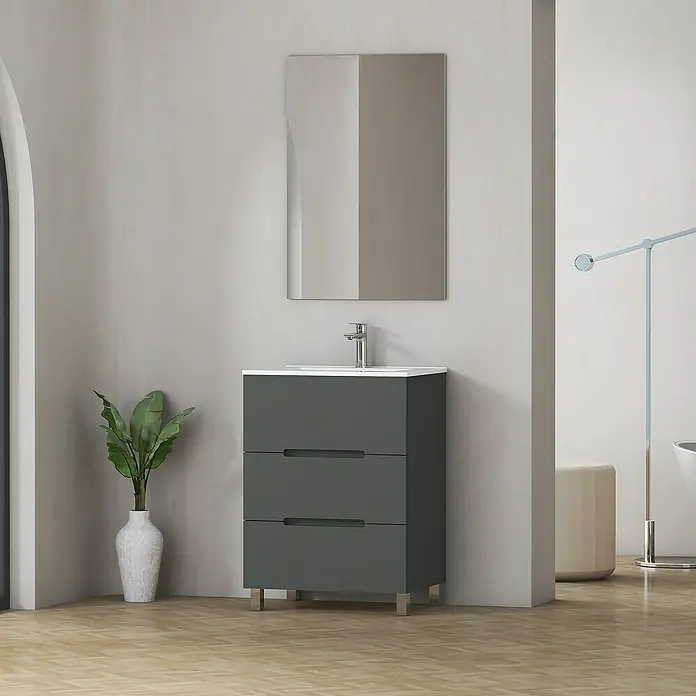 Artysan Mueble bajo de lavabo Lanza - An x Pr x Al: 60 x 44,6 x 83,3 cm, Gris - Mueble de baño gris con tres cajones, lavabo blanco y espejo. Mueble de baño moderno para un espacio elegante.
