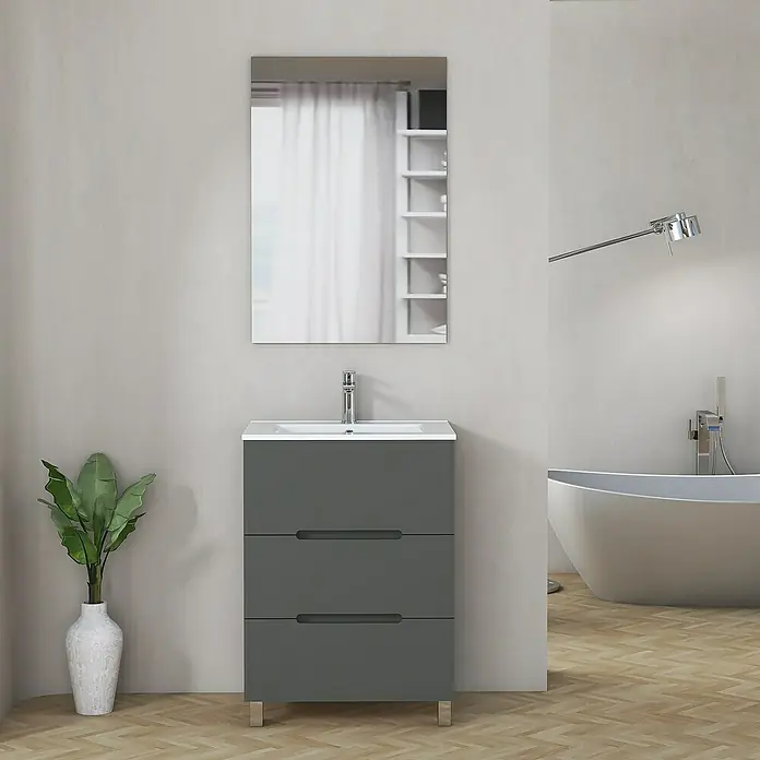 Artysan Mueble bajo de lavabo Lanza - An x Pr x Al: 60 x 44,6 x 83,3 cm, Gris - Mueble de baño con gabinete gris y espejo rectangular para diseños de baño modernos.