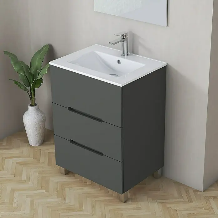 Artysan Mueble bajo de lavabo Lanza - An x Pr x Al: 60 x 44,6 x 83,3 cm, Gris - Elegante baño con un mueble de lavabo gris con dos cajones, un lavabo blanco y grifo.