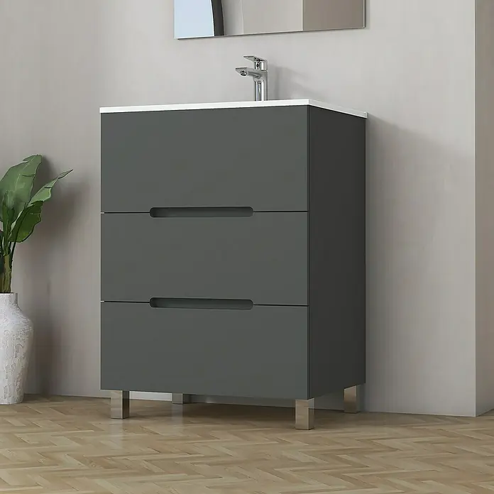 Artysan Mueble bajo de lavabo Lanza - An x Pr x Al: 60 x 44,6 x 83,3 cm, Gris - Mueble de baño gris con tres cajones y lavabo sobre encimera blanco. El mueble base está sobre patas plateadas.
