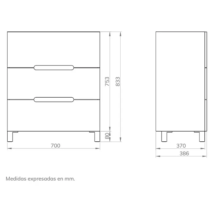 Artysan Mueble bajo de lavabo Lanza Slim - L x An x Al: 38,6 x 70 x 83,3 cm, Blanco - Dibujo de una cómoda con dos cajones que muestra las dimensiones de la cómoda en milímetros.
