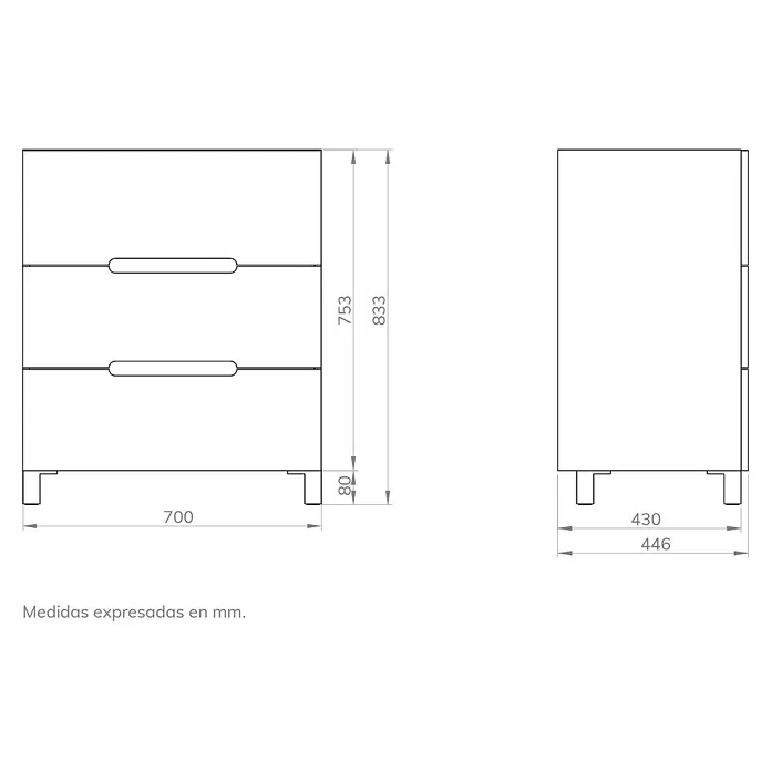 Artysan Mueble bajo de lavabo Lanza - An x Pr x Al: 70 x 44,6 x 83,3 cm, Nature - Dibujo técnico detallado de una cómoda con cajones, con dimensiones en milímetros para diseño y planificación.