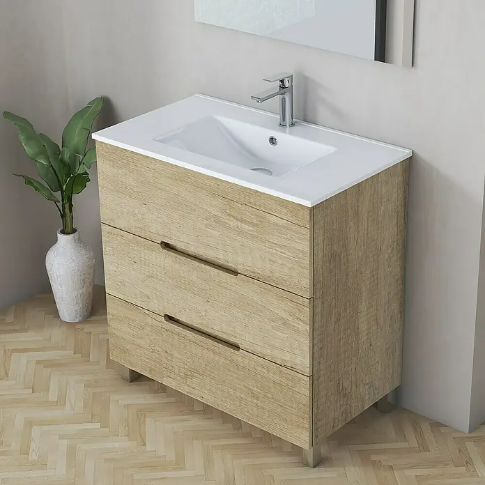 Artysan Mueble bajo de lavabo Lanza Slim - L x An x Al: 38,6 x 80 x 83,3 cm, Nature - Imagen de un mueble de baño moderno con lavabo, acabado en madera clara y diseño minimalista, ideal para baños con estilo.