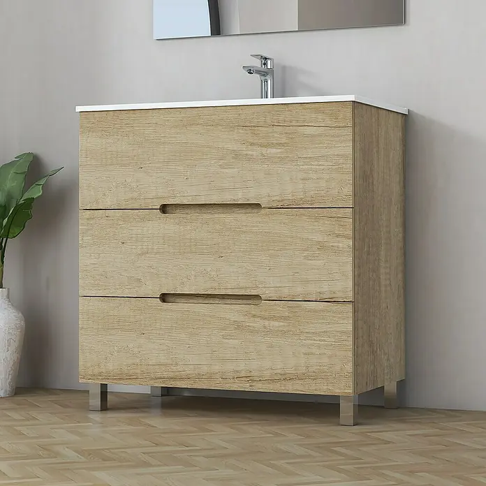 Artysan Mueble bajo de lavabo Lanza Slim - L x An x Al: 38,6 x 80 x 83,3 cm, Nature - Moderno mueble de baño de madera con tres cajones y tiradores cromados para un baño elegante.