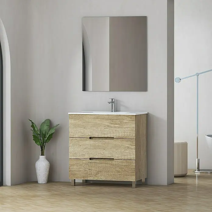 Artysan Mueble bajo de lavabo Lanza Slim - L x An x Al: 38,6 x 80 x 83,3 cm, Nature - Baño moderno con mueble de lavabo de madera y espejo cuadrado encima.