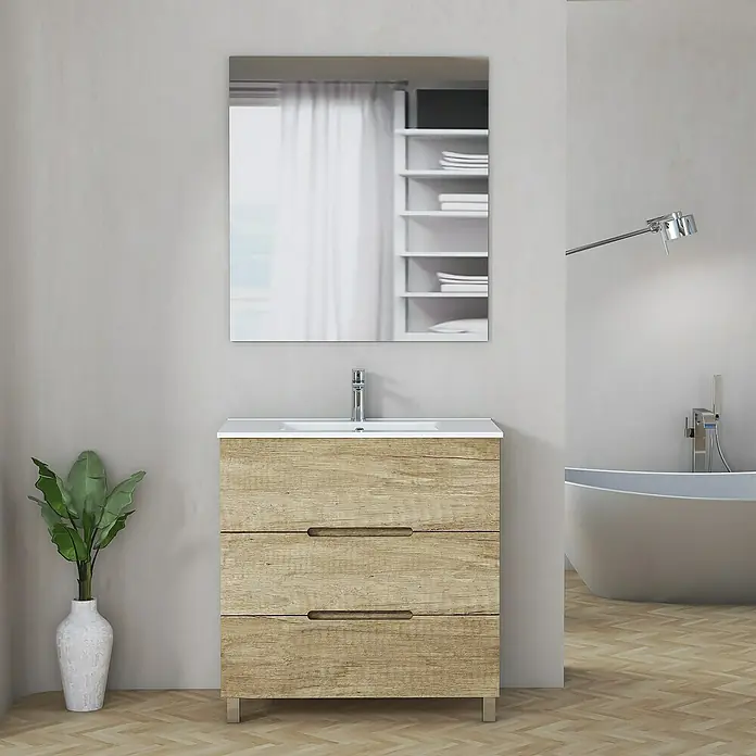 Artysan Mueble bajo de lavabo Lanza Slim - L x An x Al: 38,6 x 80 x 83,3 cm, Nature - Un moderno mueble de baño de madera con lavabo y espejo. El mueble tiene tres cajones y patas plateadas.