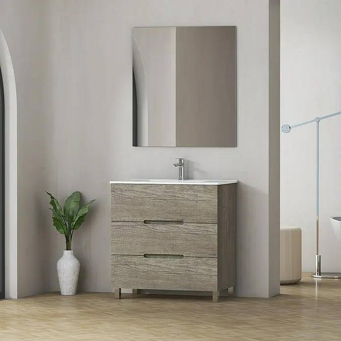 Artysan Mueble bajo de lavabo Lanza Slim - L x An x Al: 38,6 x 80 x 83,3 cm, Nebraska - Mueble de baño con lavabo y espejo. El mueble bajo lavabo con aspecto de madera tiene tres cajones y patas metálicas.