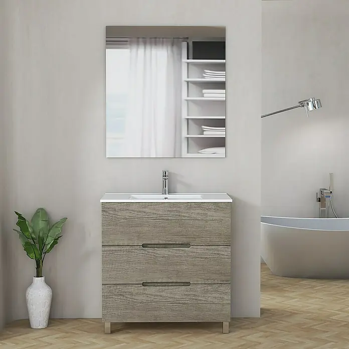 Artysan Mueble bajo de lavabo Lanza Slim - L x An x Al: 38,6 x 80 x 83,3 cm, Nebraska - Mueble de baño con lavabo, espejo y tres cajones en aspecto de madera para un ambiente de baño elegante.