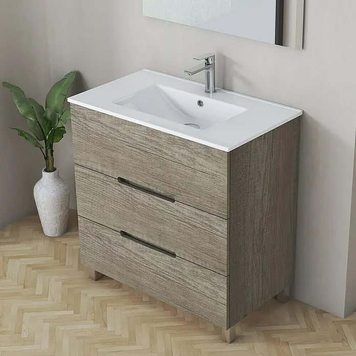 Artysan Mueble bajo de lavabo Lanza Slim - L x An x Al: 38,6 x 80 x 83,3 cm, Nebraska - Mueble de baño con tres cajones en acabado de madera y un lavabo blanco para un baño moderno.