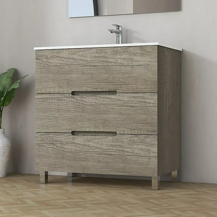 Artysan Mueble bajo de lavabo Lanza Slim - L x An x Al: 38,6 x 80 x 83,3 cm, Nebraska - Un moderno mueble de baño con tres cajones y un elegante lavabo. Ideal para cualquier diseño de baño.