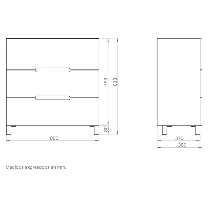 Artysan Mueble bajo de lavabo Lanza Slim - L x An x Al: 38,6 x 80 x 83,3 cm, Blanco - Ilustración de una cajonera con dimensiones.