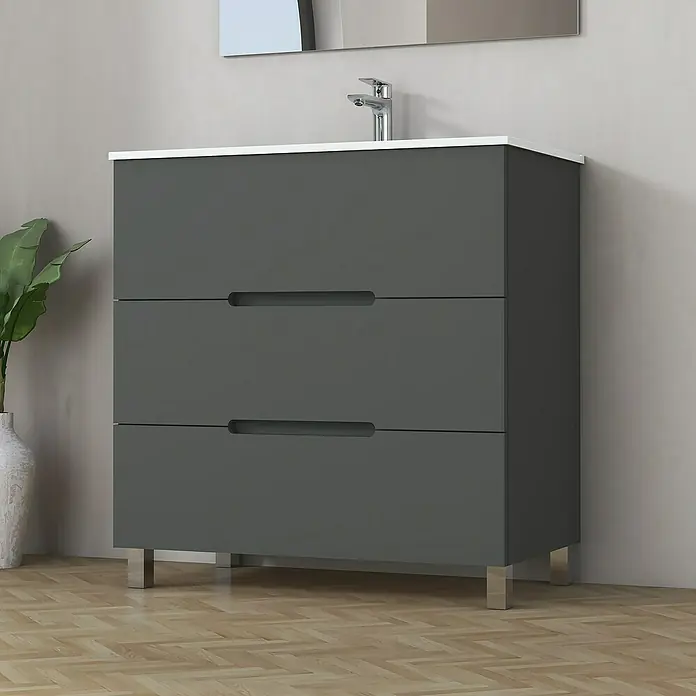 Artysan Mueble bajo de lavabo Lanza - An x Pr x Al: 80 x 44,6 x 83,3 cm, Gris - Lavabo de baño moderno con tres cajones en un elegante acabado gris y diseño elegante.