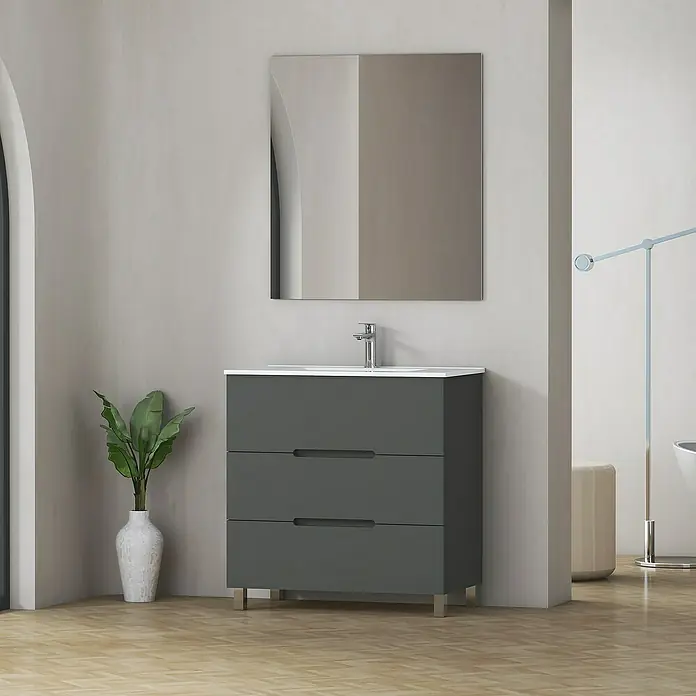 Artysan Mueble bajo de lavabo Lanza - An x Pr x Al: 80 x 44,6 x 83,3 cm, Gris - Mueble de baño gris con tres cajones, lavabo y espejo. Una pieza elegante para la decoración del baño moderno.
