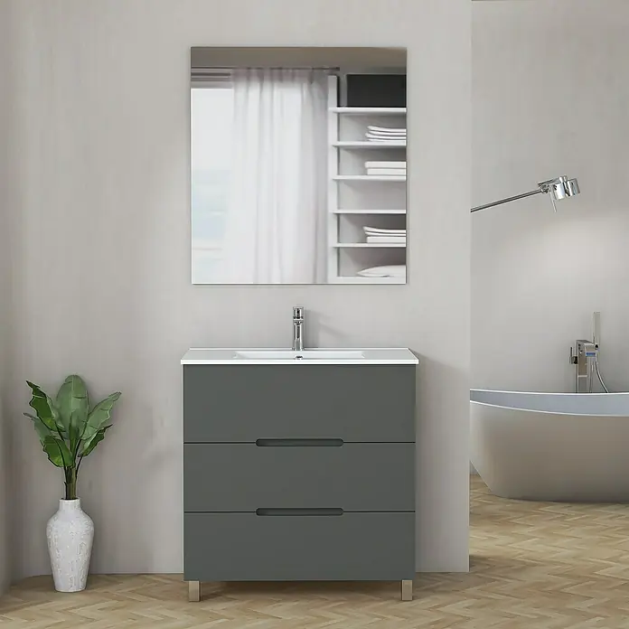 Artysan Mueble bajo de lavabo Lanza - An x Pr x Al: 80 x 44,6 x 83,3 cm, Gris - Imagen de un moderno mueble de baño gris con tres cajones, un lavabo blanco y un espejo cuadrado en la pared.