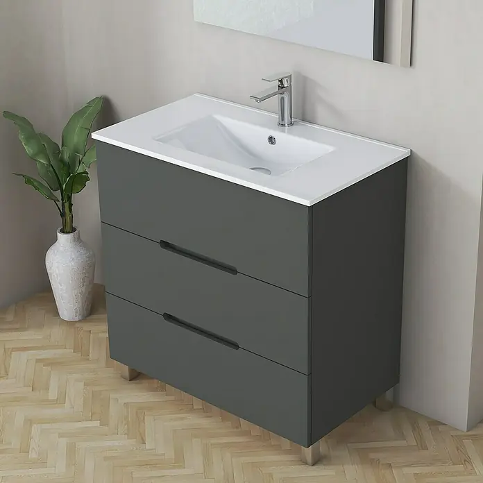 Artysan Mueble bajo de lavabo Lanza - An x Pr x Al: 80 x 44,6 x 83,3 cm, Gris - Un moderno mueble de lavabo gris con tres cajones y un lavabo blanco, perfecto para baños elegantes.