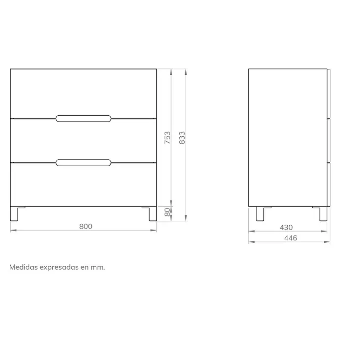Artysan Mueble bajo de lavabo Lanza - An x Pr x Al: 80 x 44,6 x 83,3 cm, Nature - Ilustración de una mesita de noche con cajones, que incluye dimensiones en milímetros de ancho, alto y profundidad.