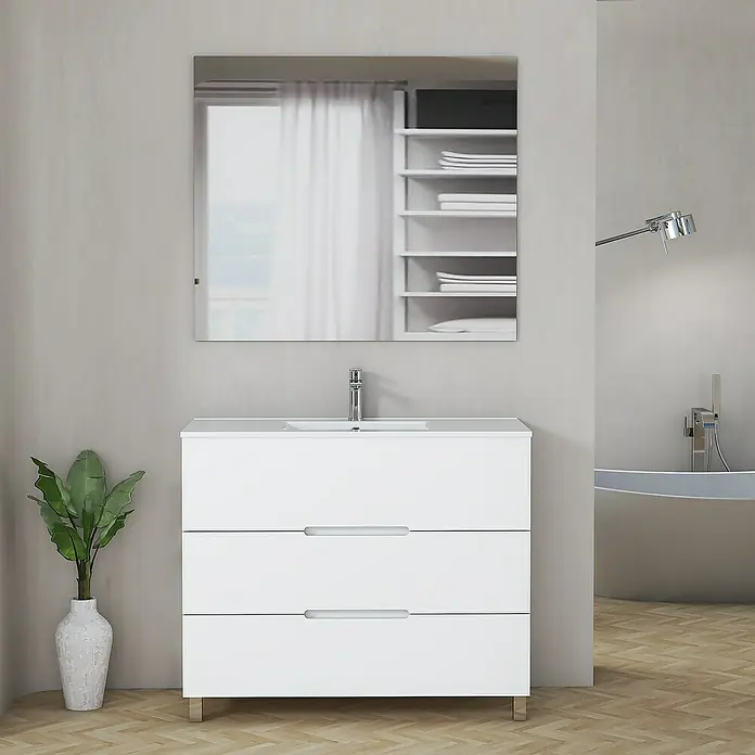Artysan Mueble bajo de lavabo Lanza Slim - L x An x Al: 38,6 x 90 x 83,3 cm, Blanco - Elegante mueble de baño blanco con tres cajones, complementado por un espejo elegante y una planta decorativa.