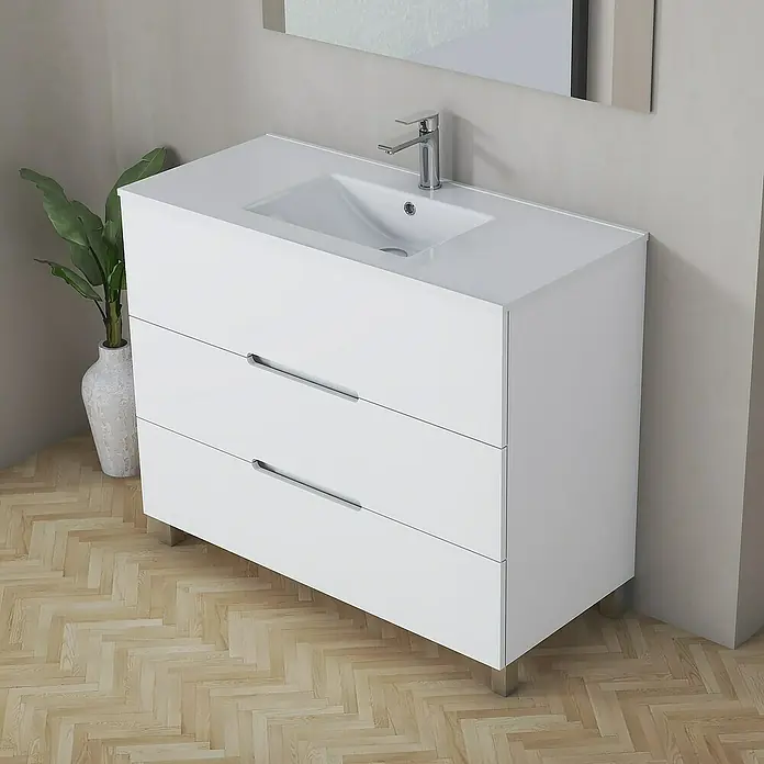 Artysan Mueble bajo de lavabo Lanza Slim - L x An x Al: 38,6 x 90 x 83,3 cm, Blanco - Mueble de baño moderno con armario blanco, dos cajones, lavabo y grifo para un diseño elegante.