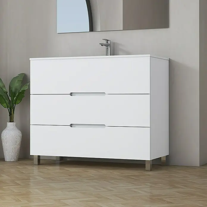 Artysan Mueble bajo de lavabo Lanza Slim - L x An x Al: 38,6 x 90 x 83,3 cm, Blanco - Moderno mueble de baño blanco con tres cajones y diseño minimalista, perfecto para un baño elegante.
